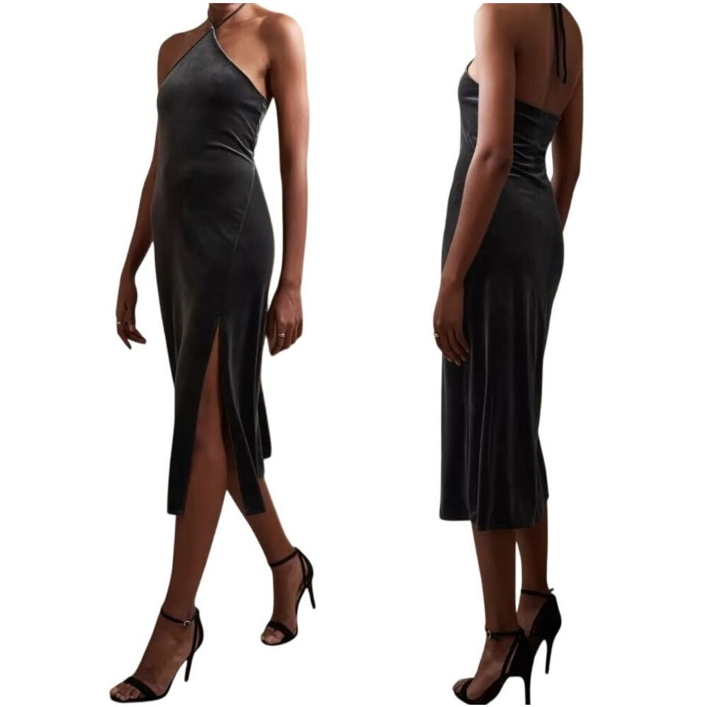 Banana Republic Velvet Midi Dress Halter Y Neck Side Slit Luxe Slate Gray NEW XS